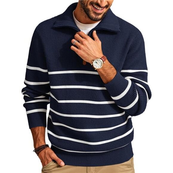 Other - Men's Quarter Zip Sweater Striped Mock Neck Pullover Sweater